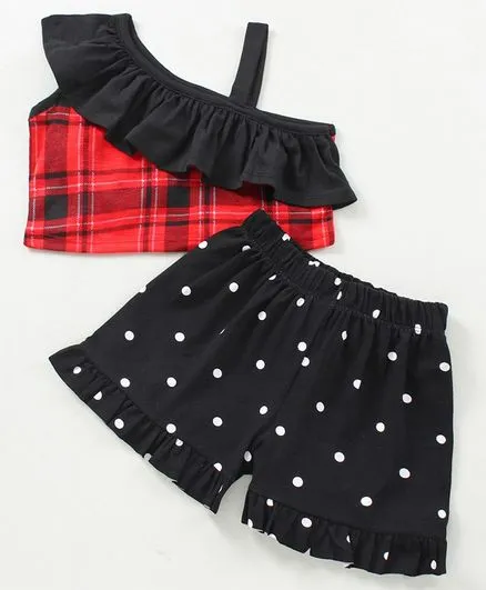 Frill and Strap Checkered Top Short Set